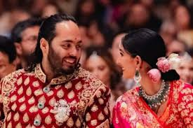 "Elegant Ambani wedding setup, luxurious setting with grand archways adorned with cascading flowers and twinkling fairy lights, high fashion guests mingling in traditional Indian garments, golden and jewel-toned color palette, warm and inviting ambiance with golden hour lighting, close-up composition, digital painting, 1:1 aspect ratio."